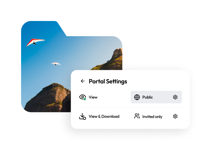Access control settings in photo asset management system, displaying options for public, invited-only, and view/download permissions.