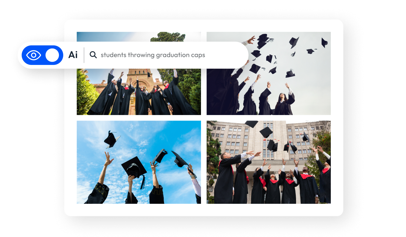 Four images of commencement ceremonies in a marketing asset library showcasing the benefits of AI image search and DAM for education.